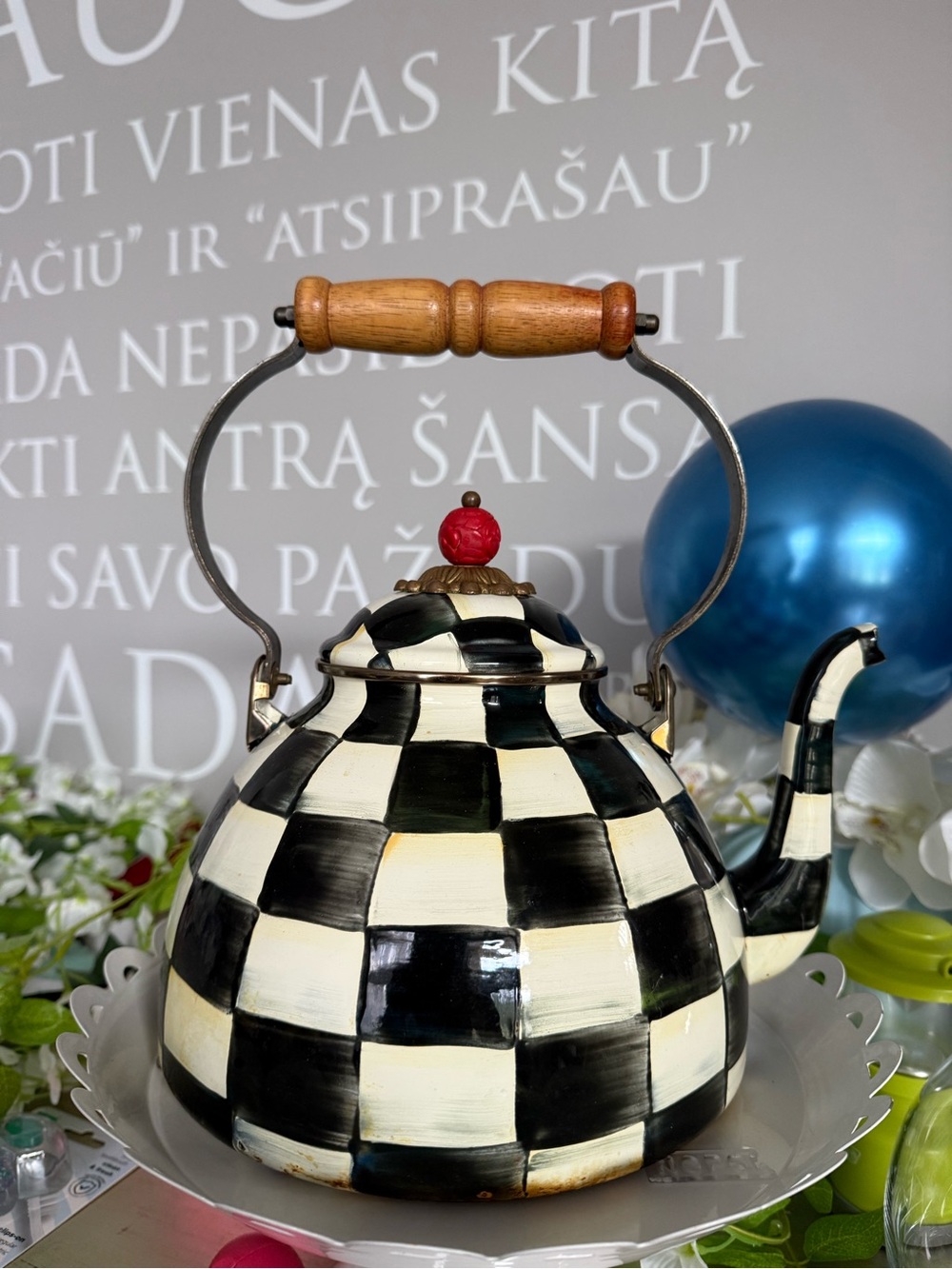 MacKenzie-Childs Black, White & Red Checkerboard Teapot with Wooden Handle